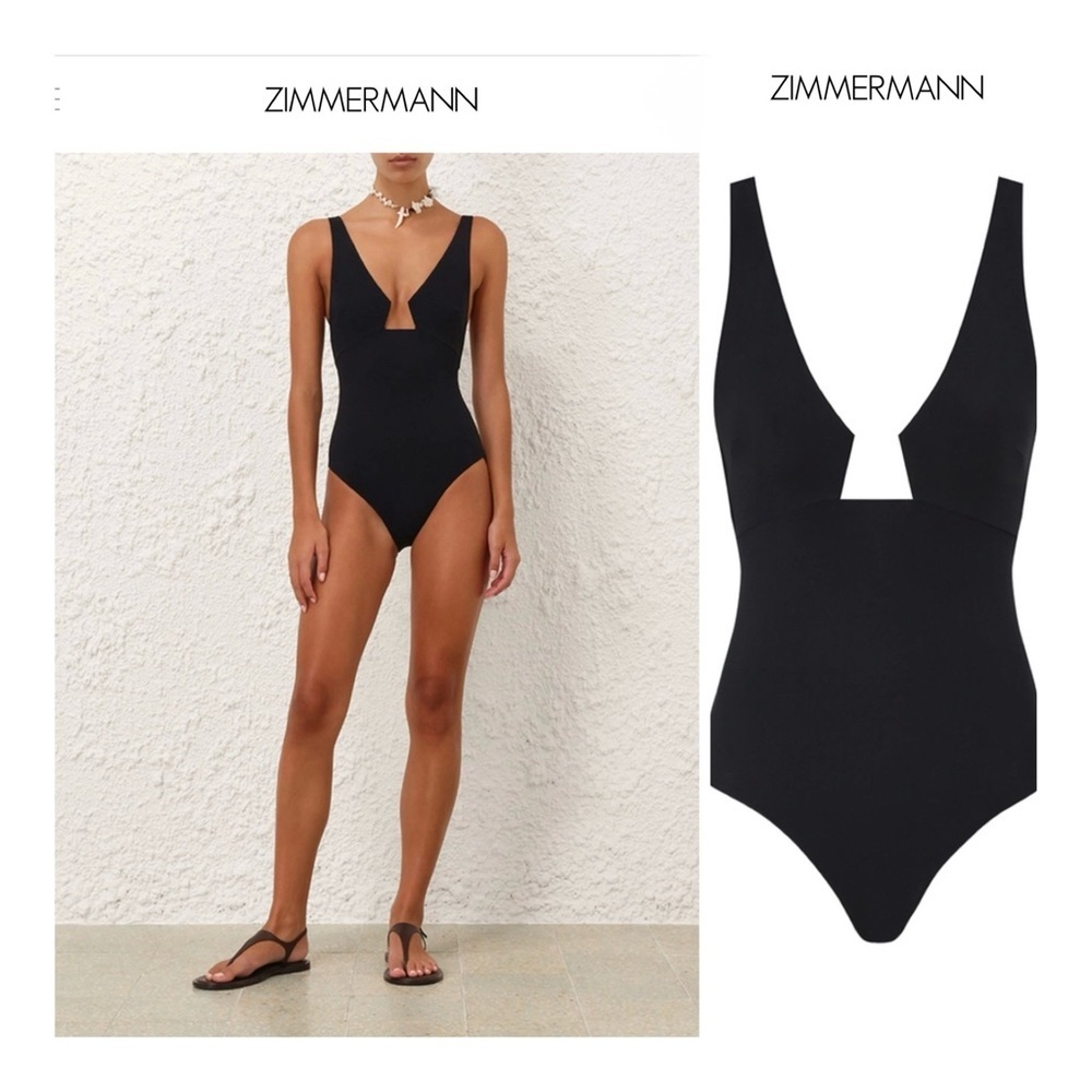 ZIMMERMAN**2025 Rhiannon Black One-Piece Swimwear with Plunging V-Neck - Picture 1 of 15